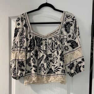 Christian Siriano Black Floral Blouse with Lace